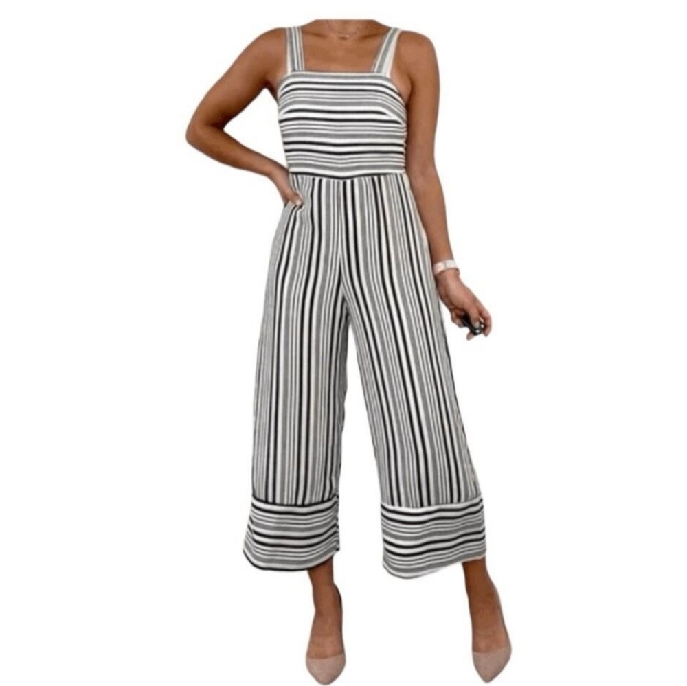 Japna Cropped Wide Leg Jumpsuit Black White Striped Knit Smocking XS
